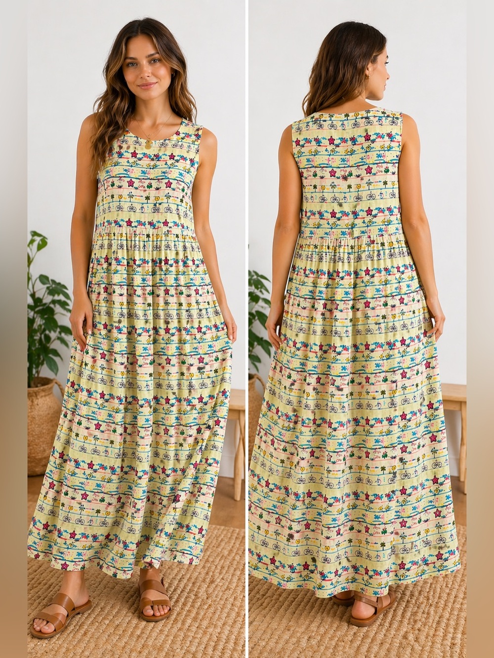 Vintage Karavan Rayon Maxi Dress S Empire Waist Bicycle Print Boho India